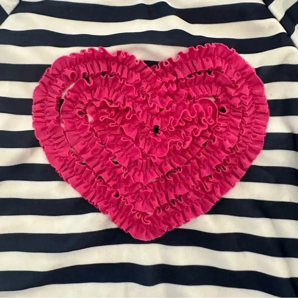Crazy 8 Girl Toddler Short Sleeve Navy & White Stripe with Pink Heart Sz 4T GUC